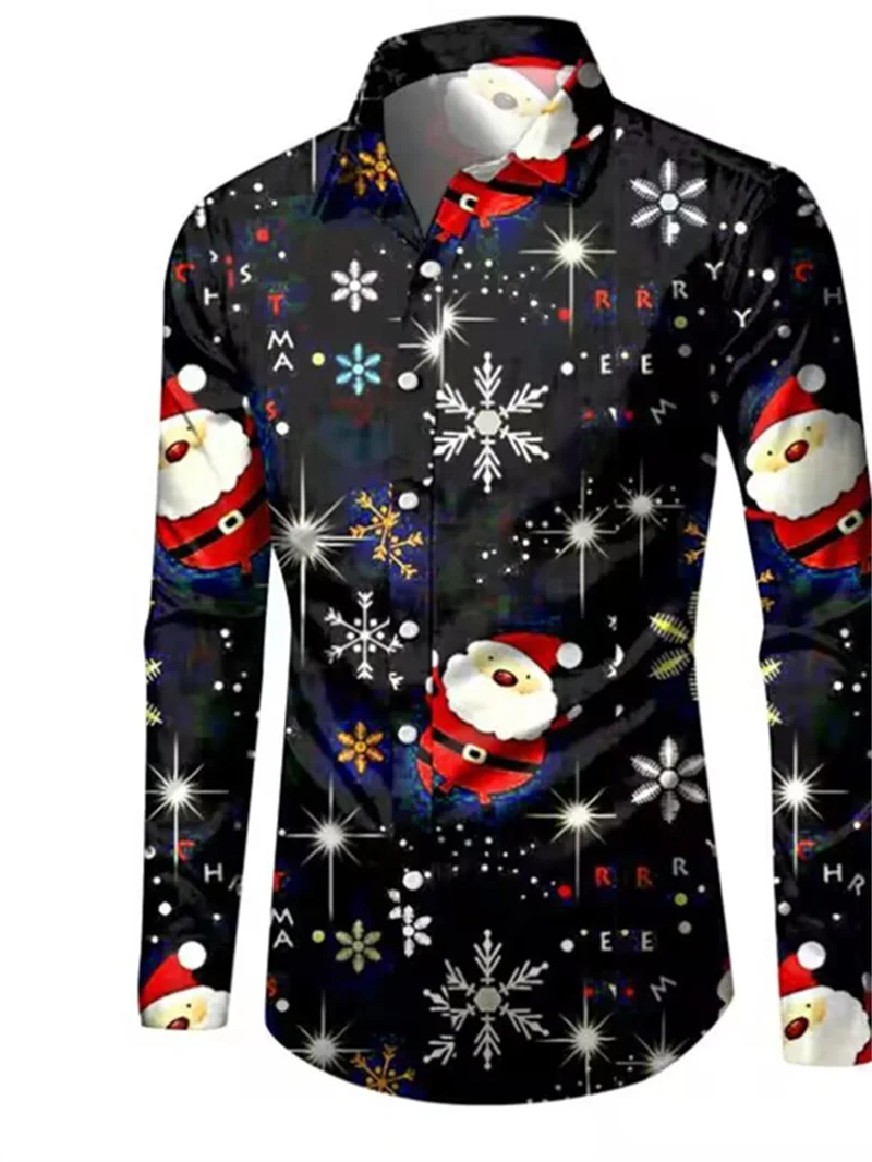 New Christmas Party Men's Long Sleeve Shirt, Christmas Printed Collar Men's Top