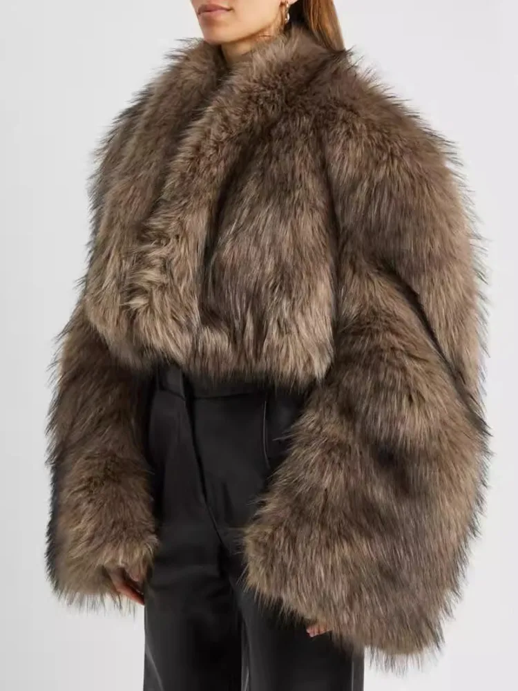 UCXQ Vinatge Faux Fur Coat European Style V-neck Loose All Match Temperament Elegant Warm Jacket Women 2024 Autumn Winter C1908