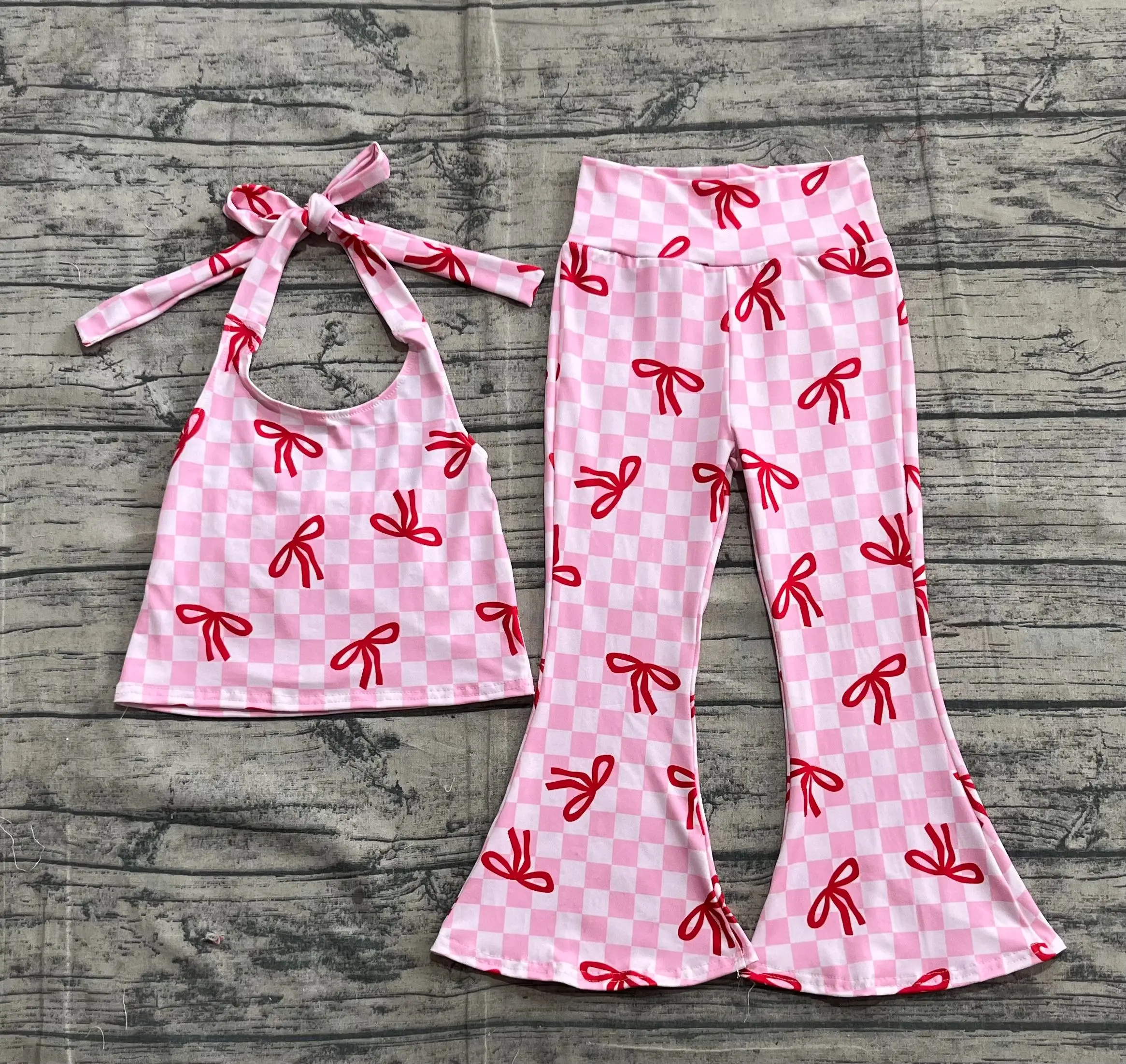 

6.26 Wholesale hot sale Western Boutique children clothing Baby Girls Strap Pink Plaid Vest Halter Top Bell Bottom Pant Sets