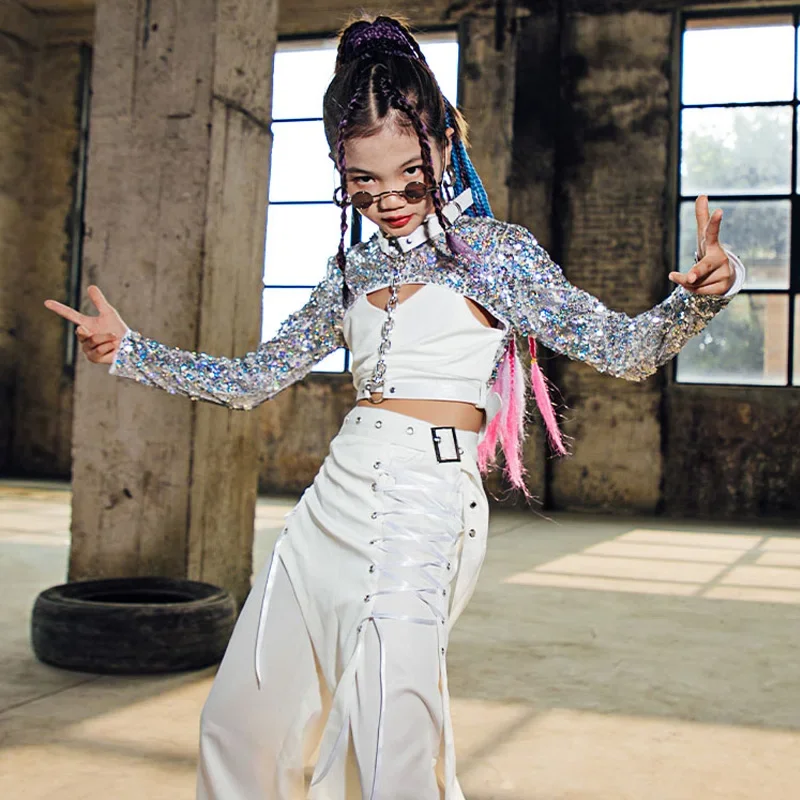 

White Fashion Suit Kids Jazz Child Hip Hop Clothing New Modern Street Dance Stage Performance Costumes Girls Sequin Tops
