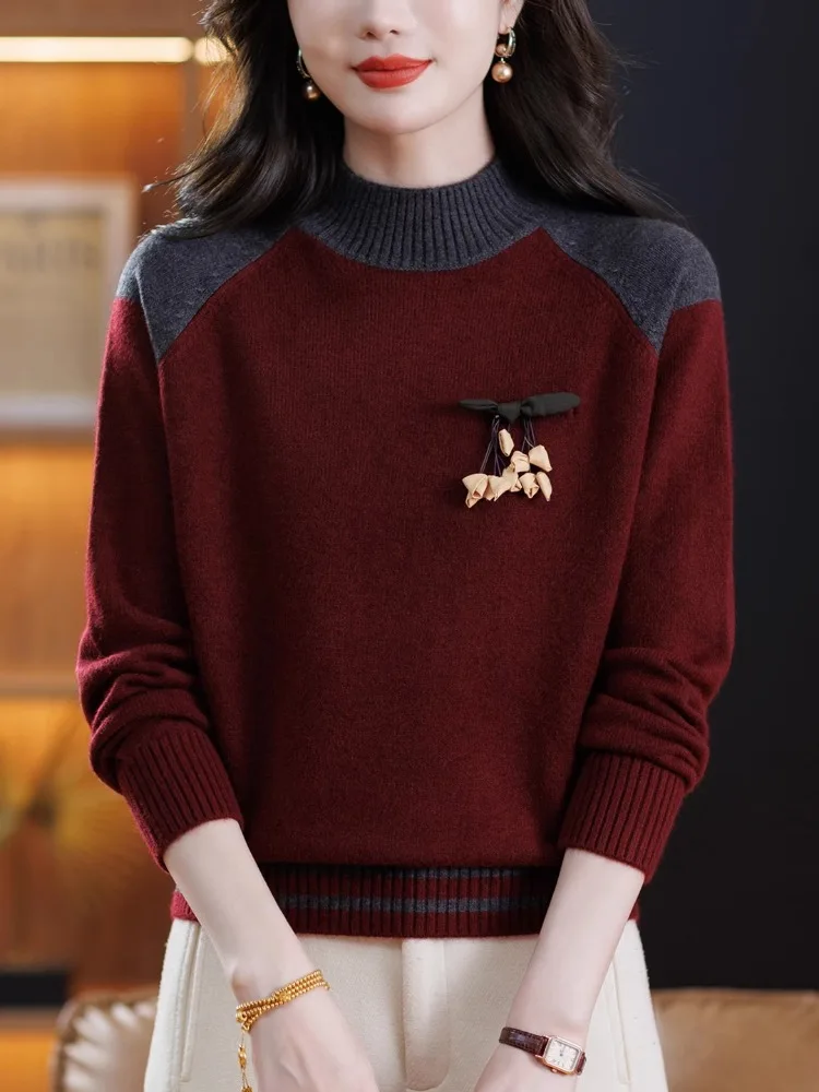 Gestrickter Wollpullover für Damen mit hohem Kragen, Basisschicht-Oberteil, Herbst-Winter, Faion Outlet Store, reguläre Swe-Länge, 00 % Wolle