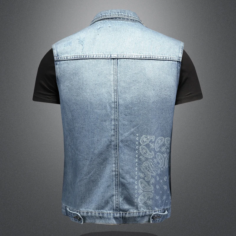 Hochwertige, modische, lässige, vielseitige, coole Jeansweste mit mehreren Taschen, laserbedruckte Jeansweste für Herren, Jeansweste
