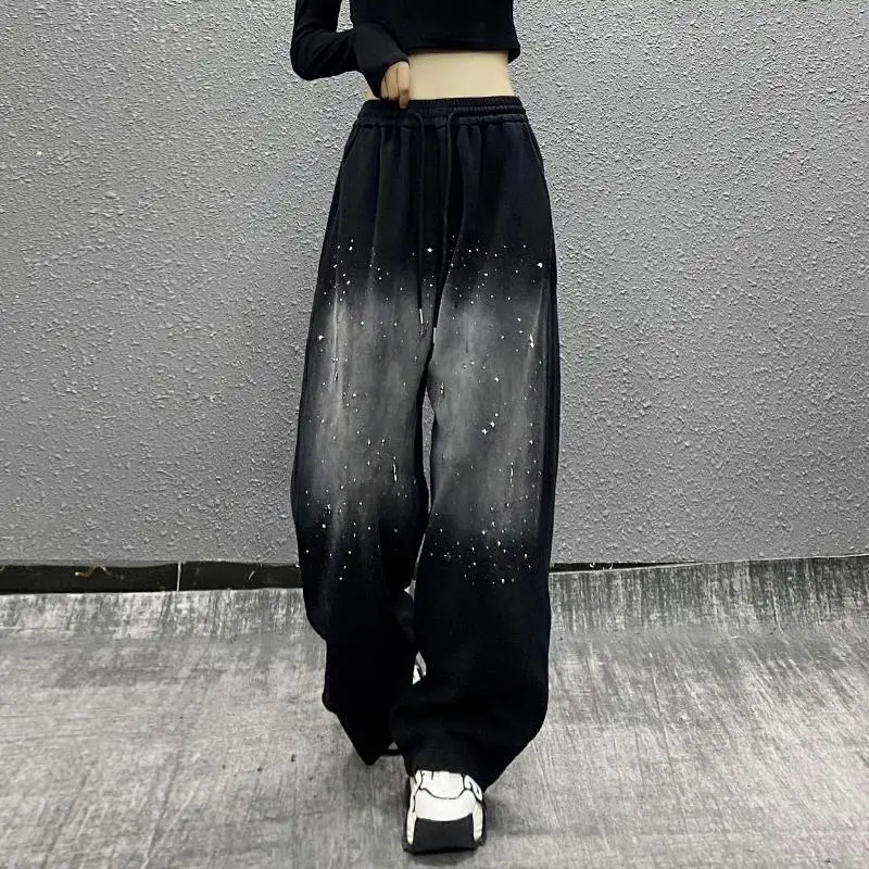 Women Clothing Trendy Vintage Casual Streetwear Harajuku Y2K Sports Baggy Pants Female Oversized Rhinestone High Waist Trousers