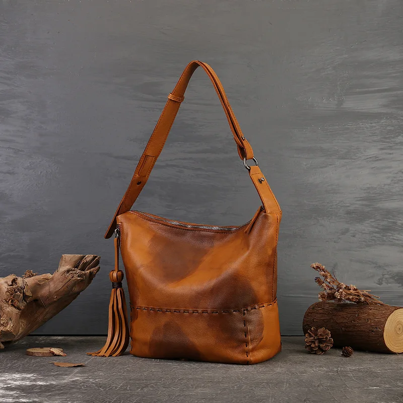 

Unique Tassel Accent Handcrafted Distressed Genuine Leather Hobo Purse Women Vintage Cowhide Shoulder Bags