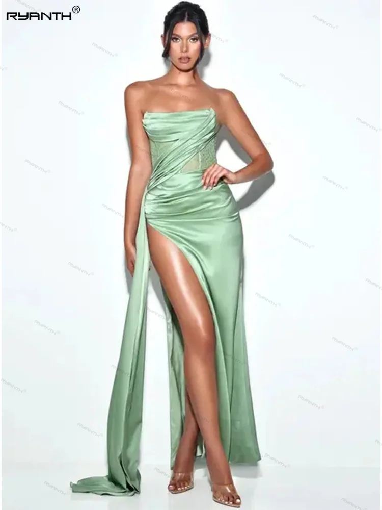 Ryanth Sexy Stapless Mermaid Prom Dresses for Black Girls High Side Slits Pleats Beading Birthday Party Dress robes de soirée