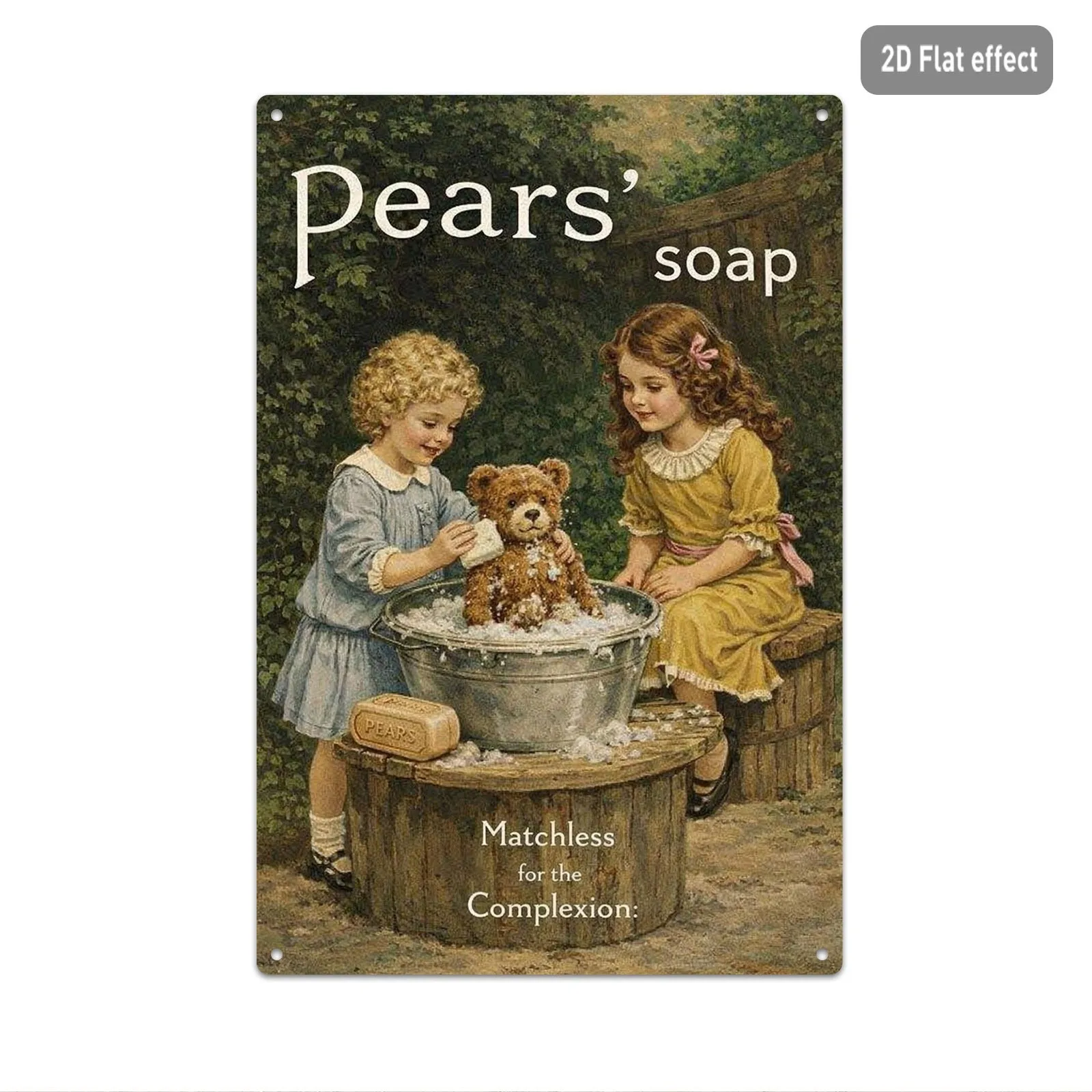 Decor Sign, Iron Wall Hanging Plaque with Classic Ad Print of Characters Washing Teddy Bear, Ideal Art Decor for Home Kitchen