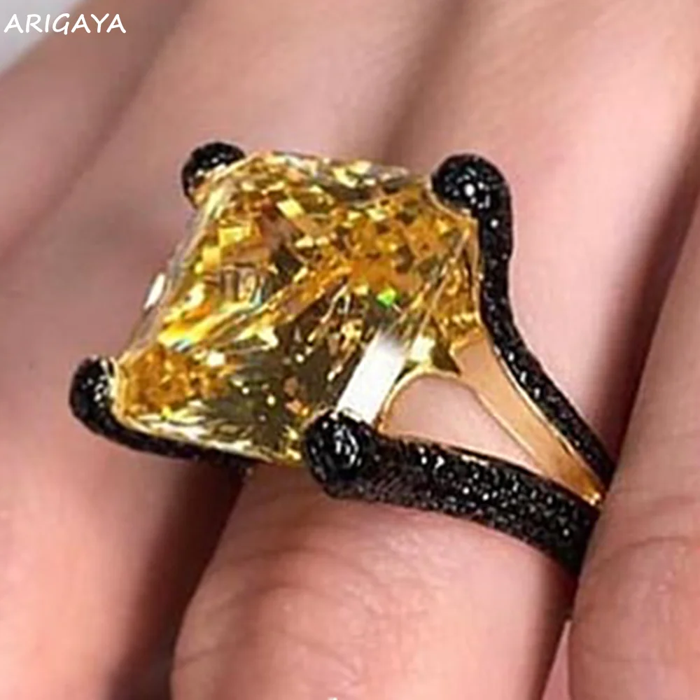 

ARIGAYA Solid 925 Sterling Silver With Black Zircon Large Created Yellow Diamond Gemstone Citrine Ring Luxury Jewelry for Women