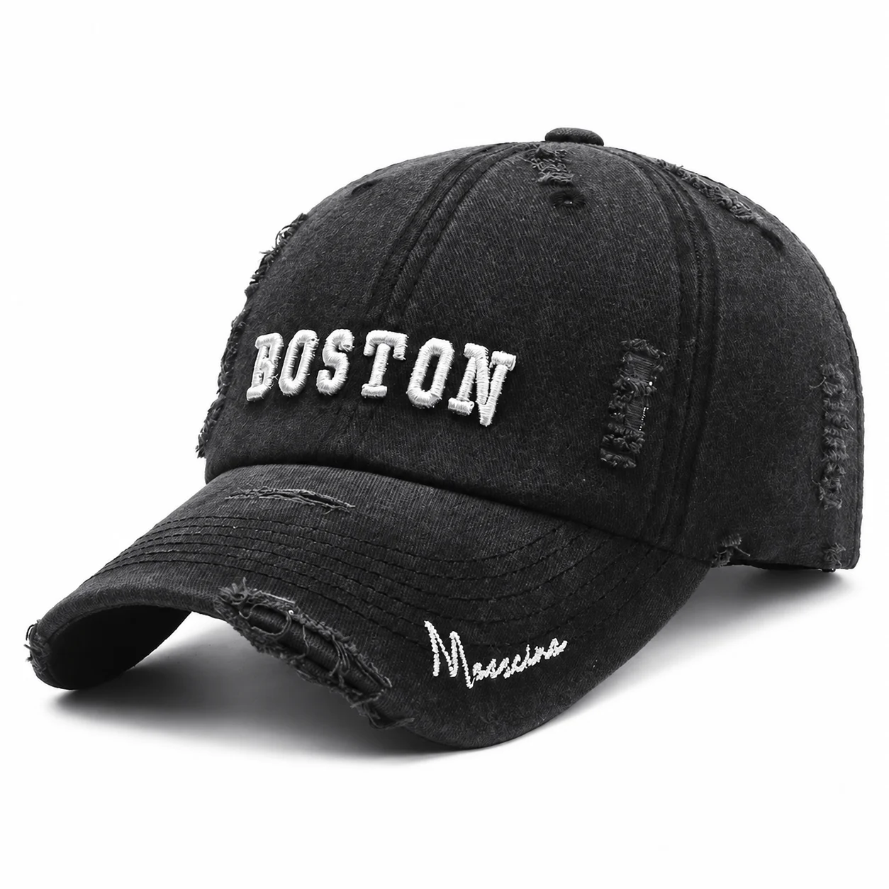 Distressed Boston Embroidered Baseball Cap Frayed Edge Details AdjustableCasual Streetwear Hat Vintage Washed Hip Hop FashionCap