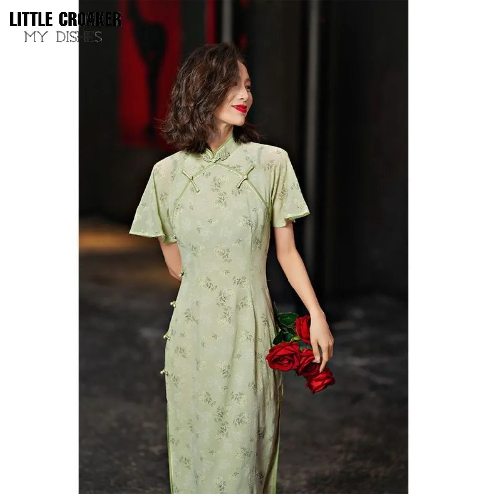 Improved Qipao  Cheongsam Long Waistband with Slim Jacquard Retro Chinese Young Style Daily Summer Dress Elegant and Feminine