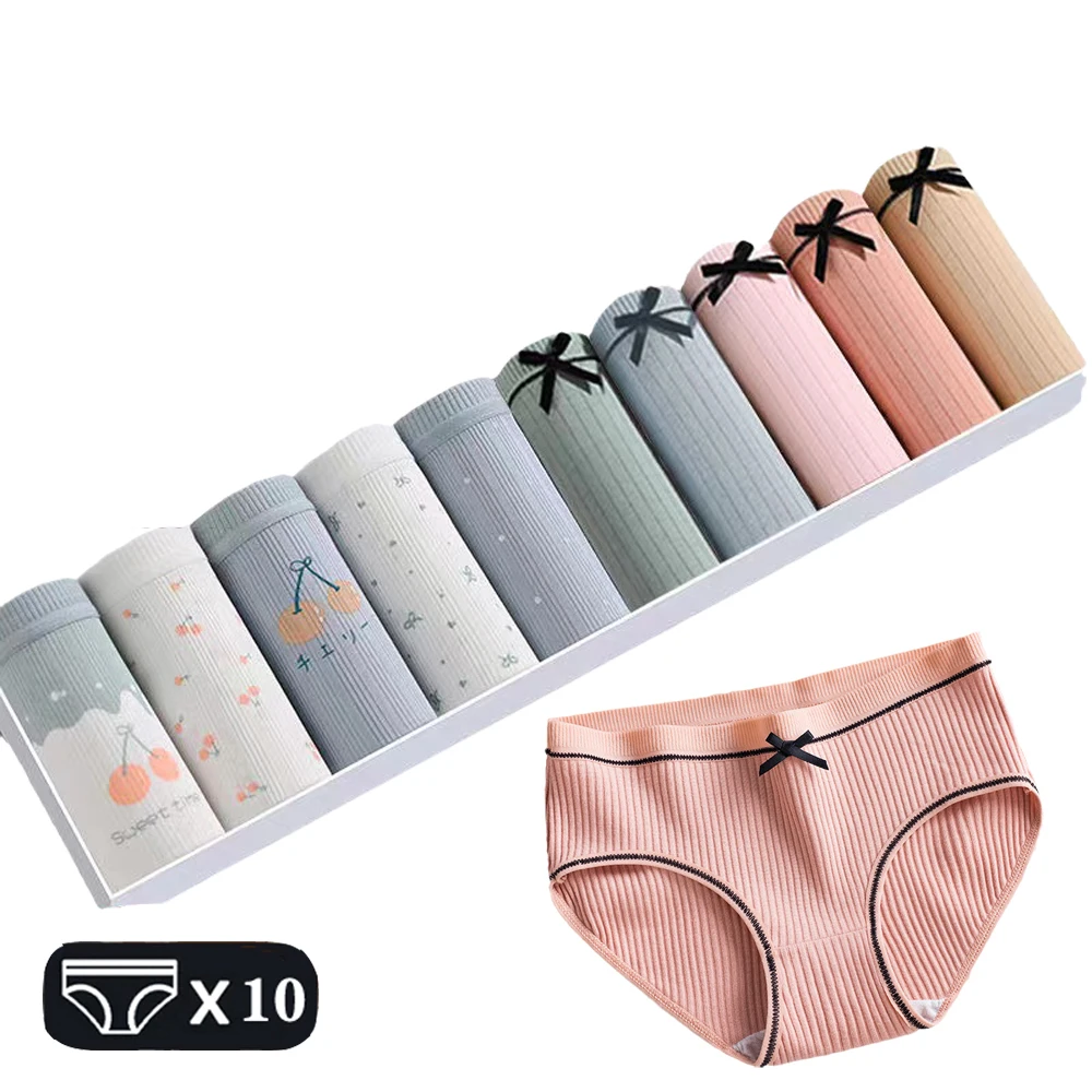 10pcs Women\'s Sexy Underwear Cute Cotton Panties Briefs For Girl Ladies Lingerie Cartoon Girls Pink Pantys Underpants Thongs