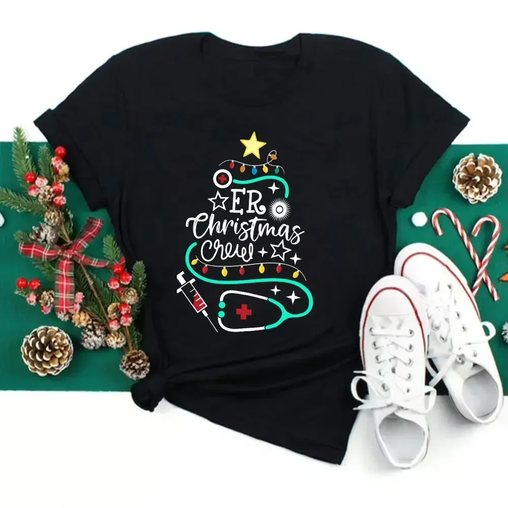 ER Christmas Crew T-shirts for Women Emergency Room Nurse Ugly Christmas T-Shirt Christmas Tree Tee Shirts Happy New Year Tshirt