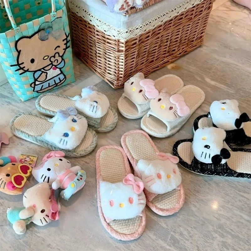 

Kawaii Sanrio Hello Kitty Japanese Linen Mat Slippers Breathable Sweat-absorbent Odor-proof and Skidproof Fashion Home Gift