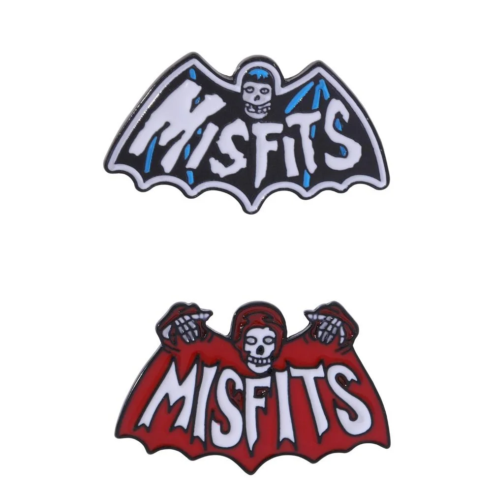 2 Pcs/Set Personality Misfits Bat Skull Pins Sinister Red Blue Colors Enamel Brooches For Bag Clothes Decoration