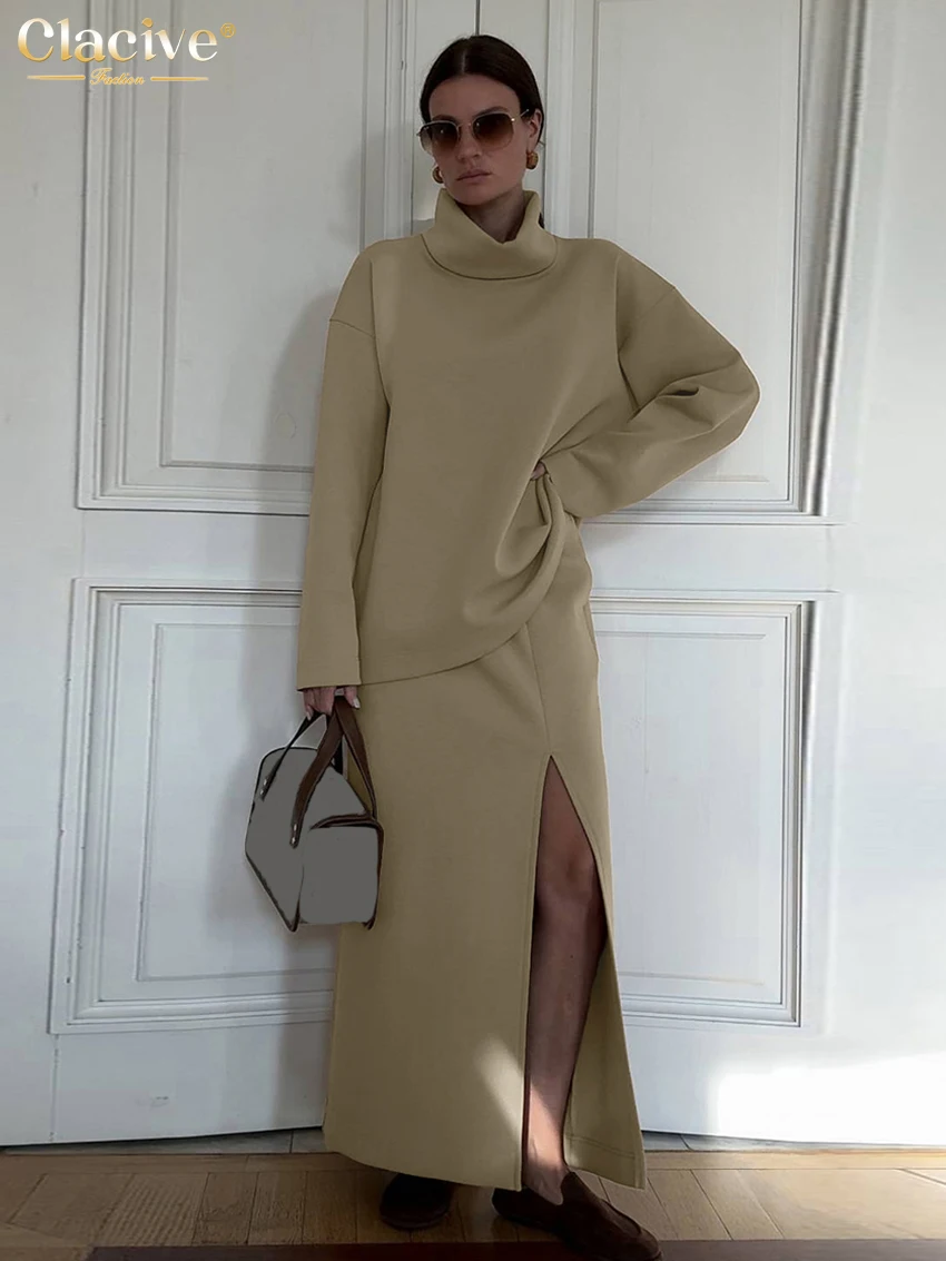 Clacive Fashion Loose Khaki 2 Piece Sets Women Outfit 2025 Elegant Long Sleeve Shirt With High Waist Slit Ankle Length Skirt Set