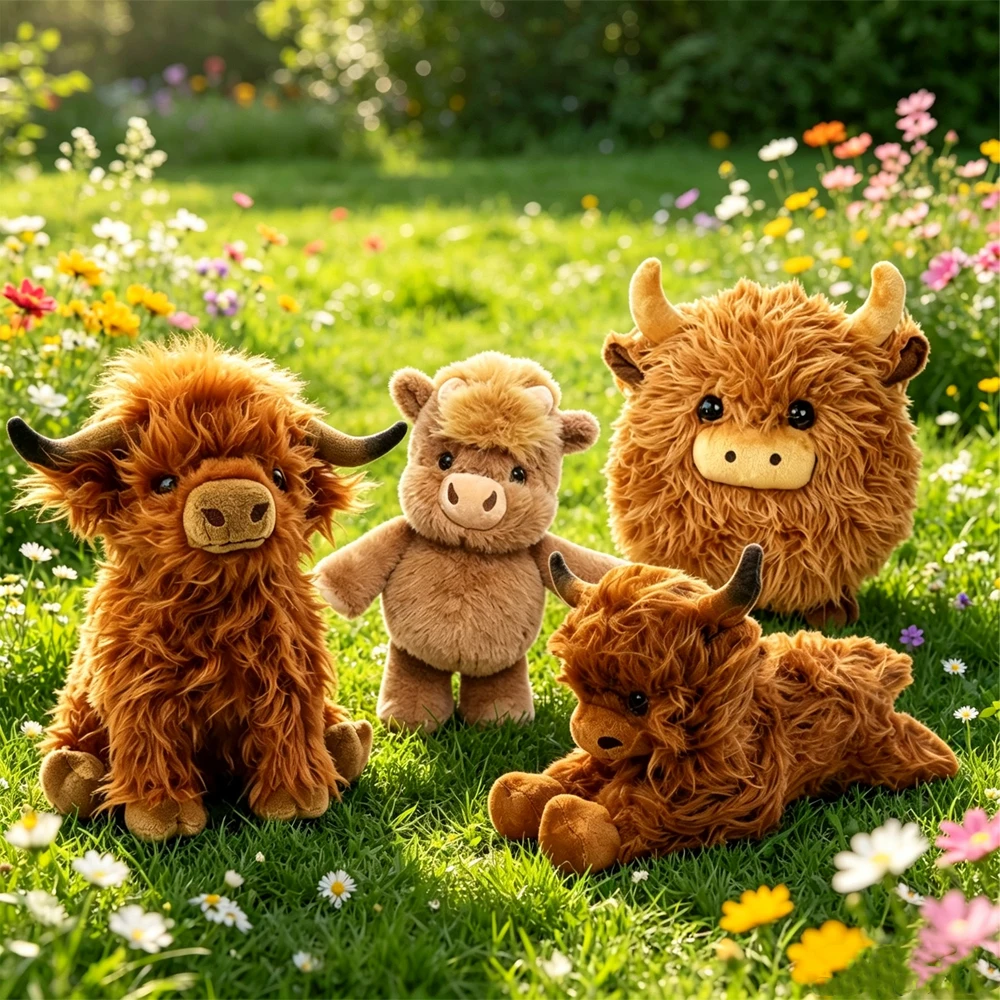 Simulation Highland Cow Plush Animal Doll Soft Stuffed Huggable Running Cow Plush Toy Kawaii Kids Baby Gifts Toy Home Room Decor
