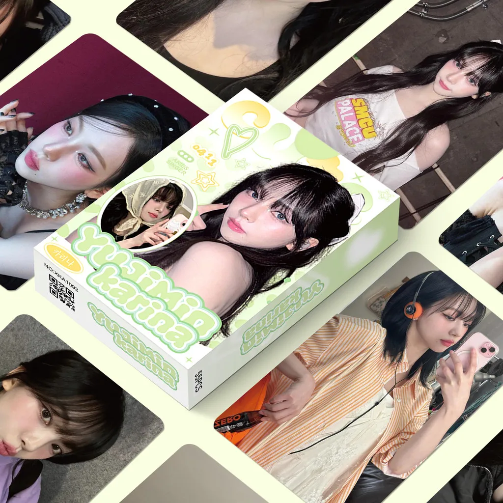 مجموعة ملصقات K-pop DIY (55 ورقة) - بطاقات KARINA Glow-in-the-Dark LOMO لحافظات iPhone/مجلات Bullet (متجر Anime Worlds)