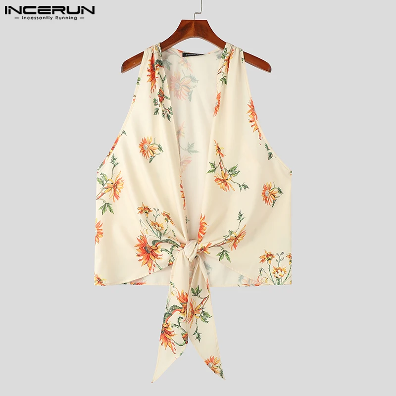 INCERUN Tops 2024 American Style Men\'s Sexy Fashion Floral Print Pattern Vests Summer Casual Hot Sale Sleeveless Tank Tops S-5XL