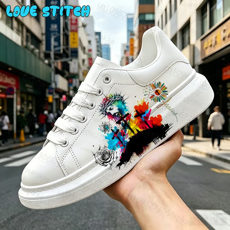 Art Colour Jesus Print Adult Platform White Leisure Sneakers Men Women PU Leather Non Slip Lace Up Casual Skate Board Shoes