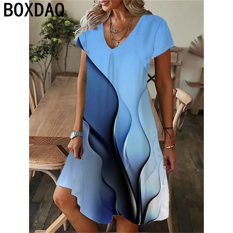 Damska Mini sukienka z krótkim rękawem z dekoltem w serek Summrt Casual Beach Party Dress moda 3D sukienka wydruk gradientowy Oversized 6XL damskie