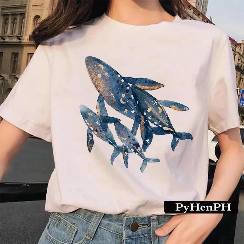 Whale T Shirt Women Summer Women's Harajuku Watercolor Whale Print Women's T-shirt White Short Sleeve Harajuku