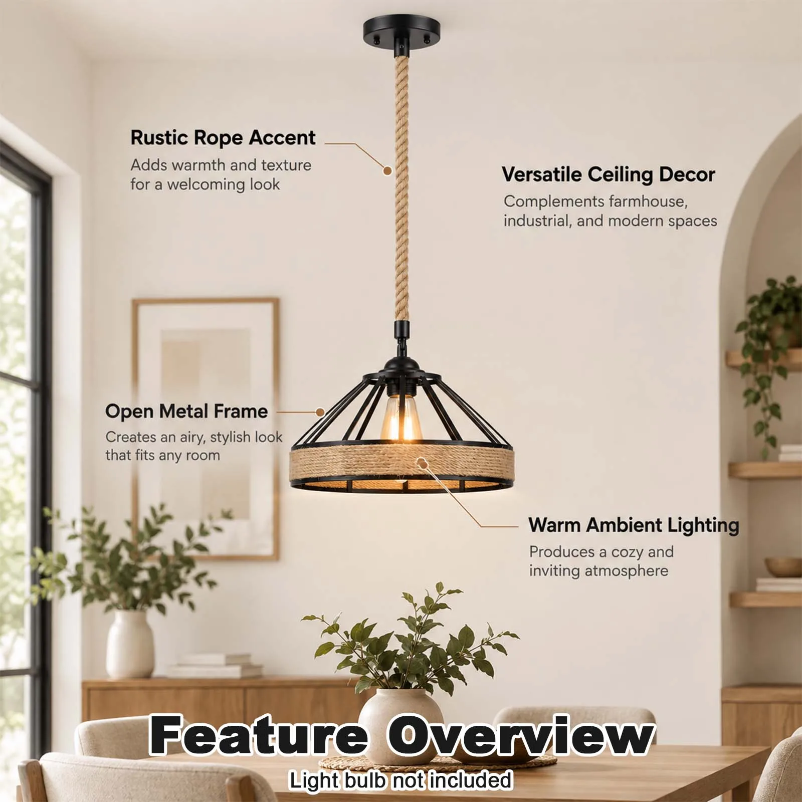 Industrial Cage Pendant Light Black Metal Jute Rope E27 for Kitchen Living Room Cafe Bar