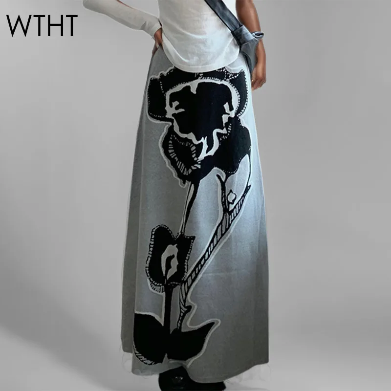 

WTHT New Trendy Women's Spliced Knit Flower Design Long Skirts 2024 Autumn Elastic High Waist Wrap Hip Skirt Female 1LS306