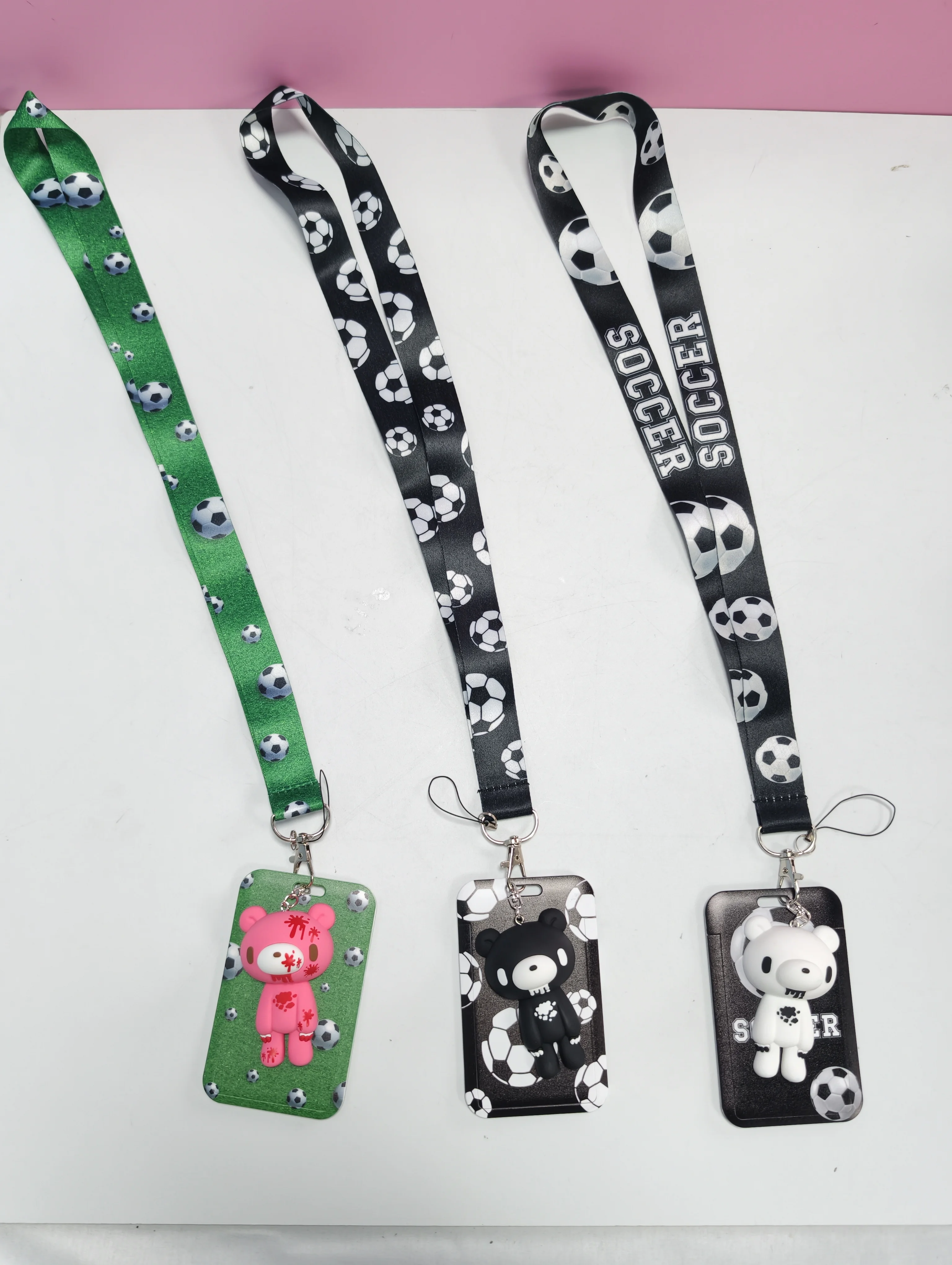 Soccer Print Lanyard with Bear Charm ID Card Holder, Cute Cartoon Badge Reel with Neck Strap, Student Work Card Protector Gift