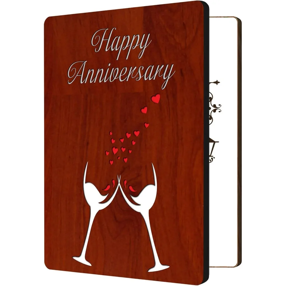 Happy Anniversary Cards for Her Him, MDF Wooden Hollow Red Wine Glass & Heart Pattern Greeting Card with Envelope, Handwritten