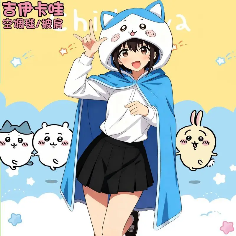 

Kawaii Chiikawa Hachiware Hooded Blanket Cozy Usagi Cosplay Cloak Soft Throw Blanket for Adults Teens nap Warm Wrap Shawl