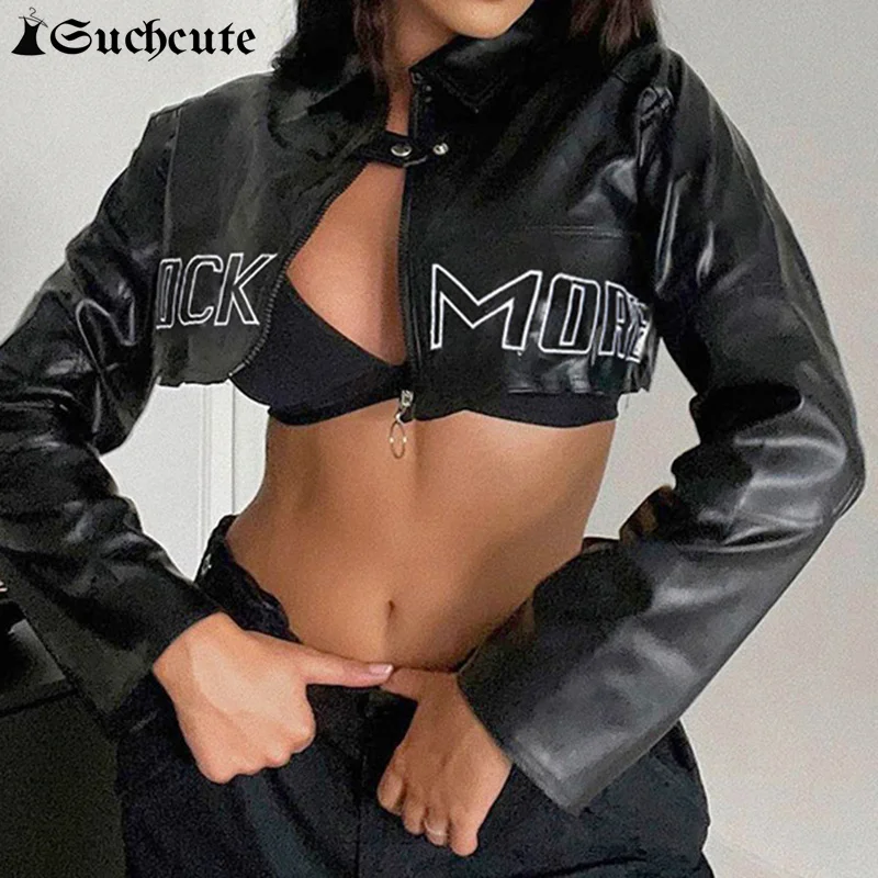 

SUCHCUTE Moto&Biker Letter Print Women Outwear Leather PU Long Sleeve Zipper Jacket Goth Dark Streetwear Lapel Motorcycle Suit