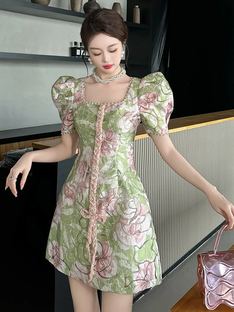 

Summer French Romance Jacquard Weave Evening Dress Women Clothes Sweet Floral Print Puff Sleeve Slim A-Line Party Prom Vestidos