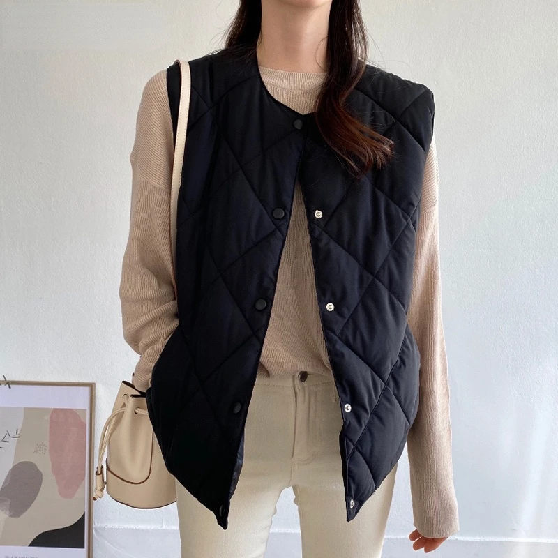 

Korea South Chic Autumn and Winter 2022 New Fashion Women's Temperament All-match Rhomboid Warm Cotton Vest Single-breasted Vest