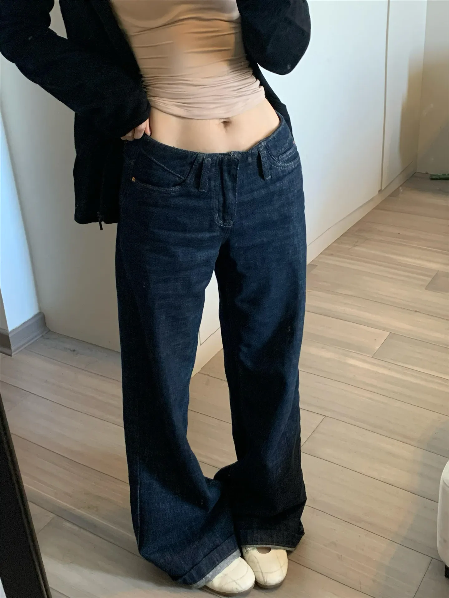 

American High Street Vintage Deep Blue Loose Women's Jeans Low Waist Straight Leg Cotton Autumn Winter Original Color Slimmin...