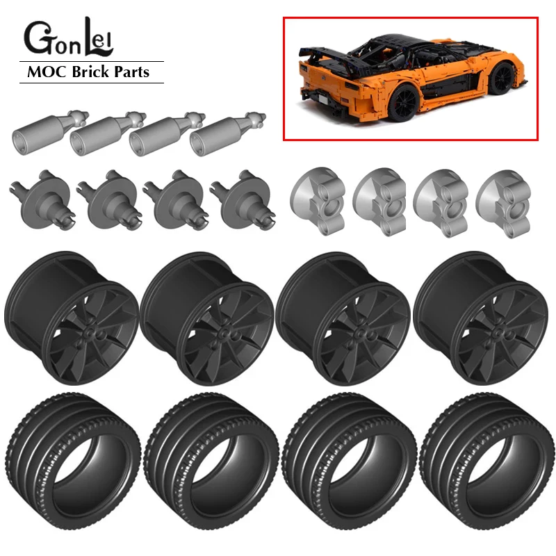 4Set/lot Wheels 62.3mm D. x 42mm Technical Racing Large with Black Tire 81.6x44 ZR Straight Tread 23800 23799 for 42056 Toys Car