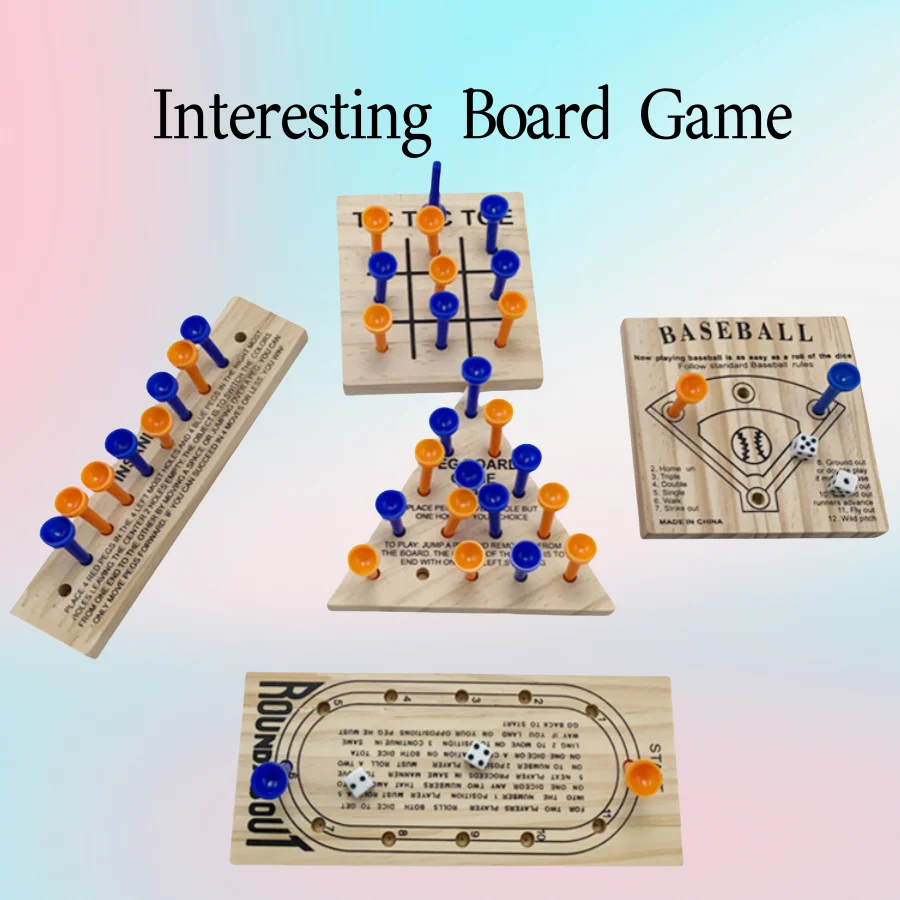 Wooden Peg Games Assortment Kit Wooden Board Game Set Including 5 Style Wooden Game Board and Plastic Pieces and Dice Puzzle