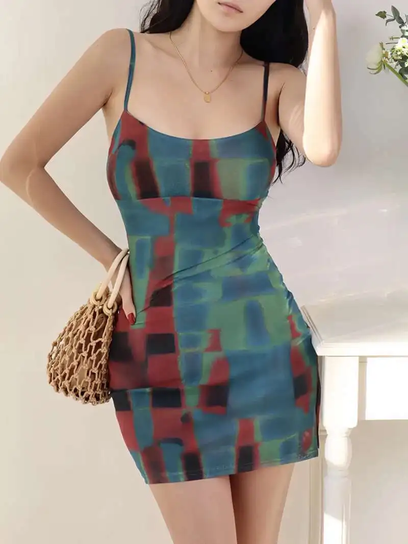 Novo 2024 verão doce dupla camada grade impressa estilingue vestido estilo europeu americano alta malha elástica magro vestido curto qhgs