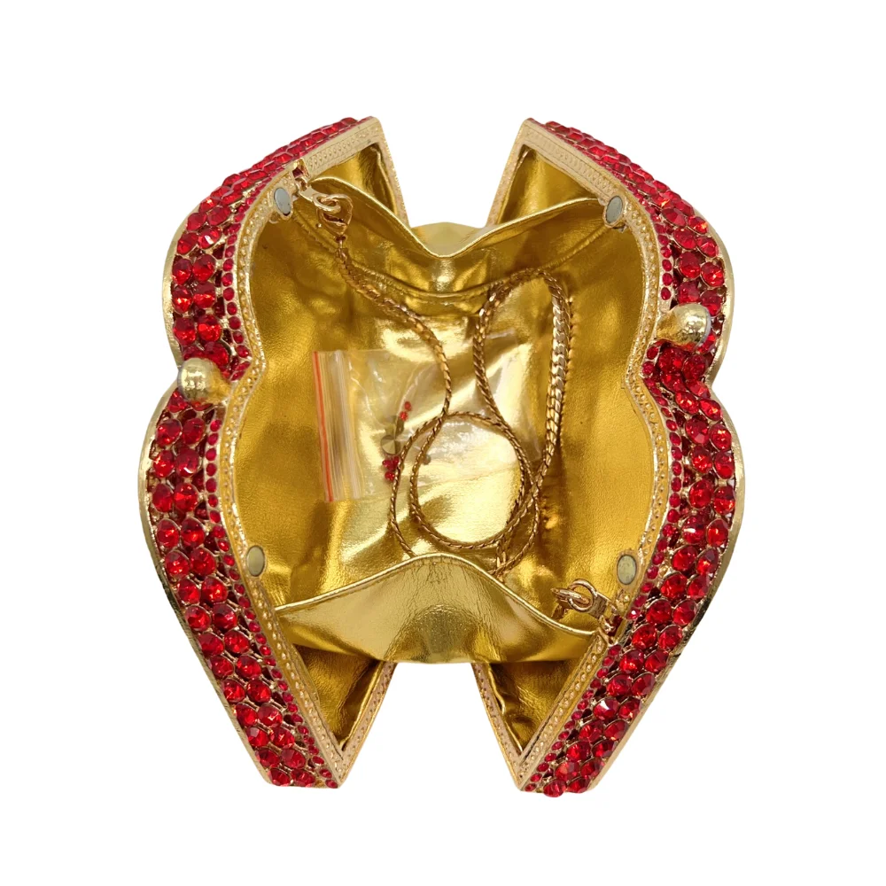 High Quality Rhinestone Dumplings Shape Bright Red Gemstone Bag Hollow Crystal Clutch Bags for Ladies Wedding Party
