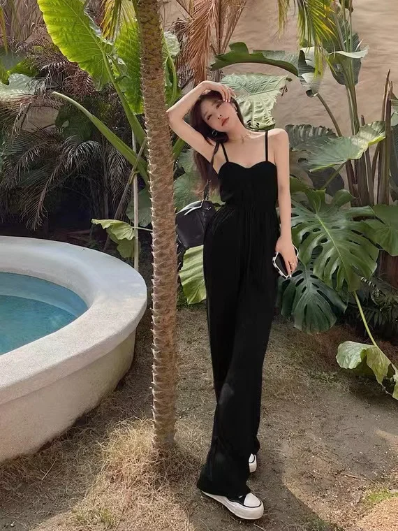 스트랩이 있는 하이웨이스트 와이드 레그 팬츠, 롱 코튼 소재, 스윗 스타일, 여름 신상 여성 패션 블로거 스타일