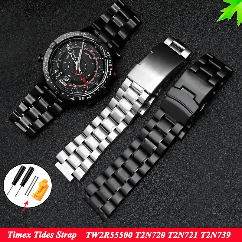 For Timex Tidal TW2R55500 T2N720 T2N721 T2N739 Watch Strap Men's Soild Stainless Steel Watch Band 24x16mm Silver Black Bracelet