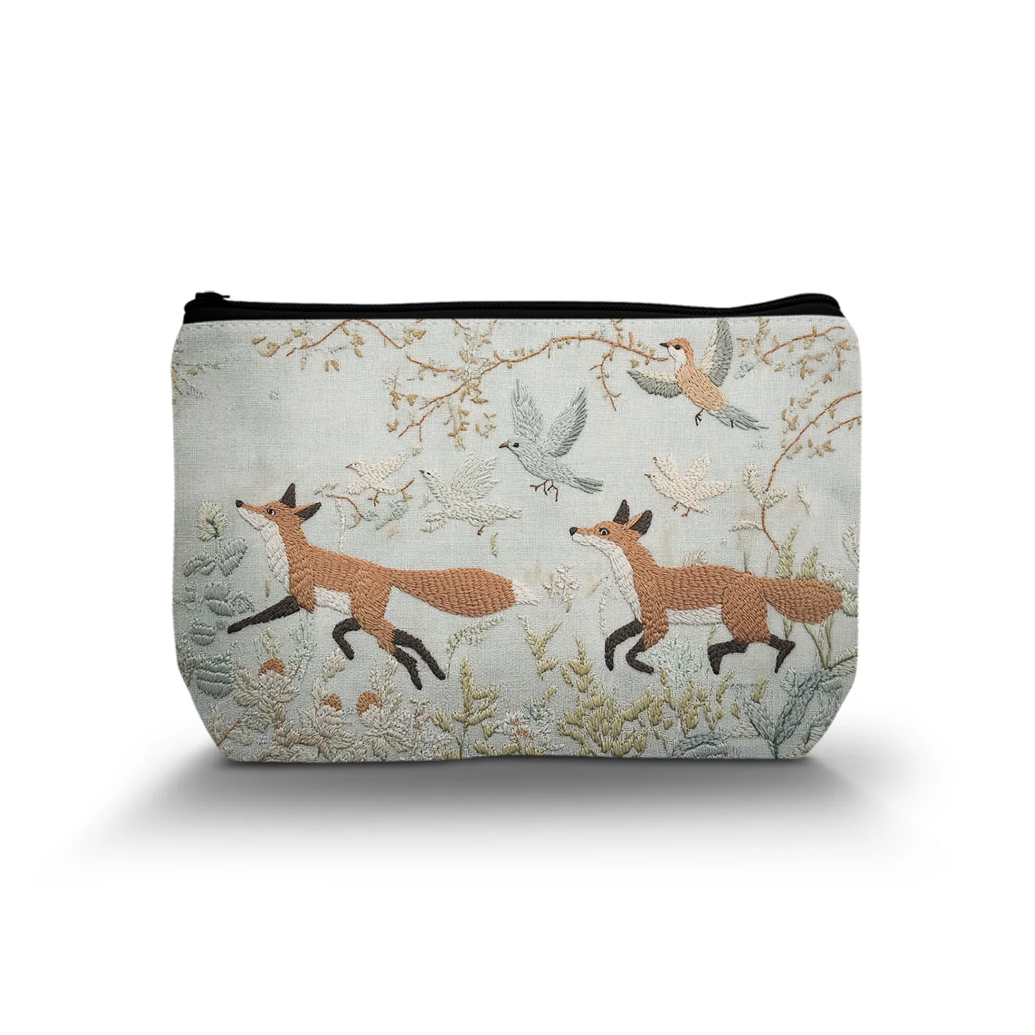 1 Pc Cute Fox And Wildflowers Makeup Bag Fox Gifts For Women Fox Lovers Forest Fox For Women Animal Lover Gifts 8.66x5.51Inch