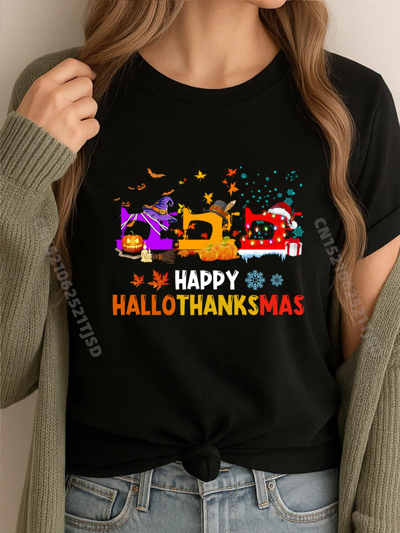 

Happy Hallothanksmas Sewing Machine Halloween Christmas Street Wear T Shirt Men's Clothing