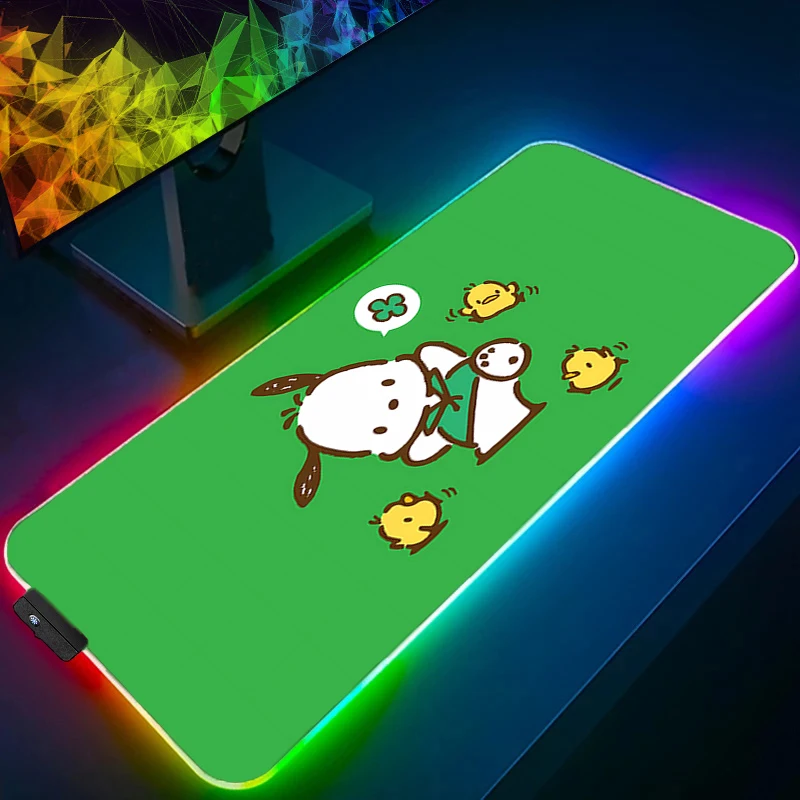 Grote muismat RGB Pochacco laptop pc gamer toetsenbord mat XXL muismat LED rand wit voor beste cadeau achtergrondverlichting rubberen tafelmat