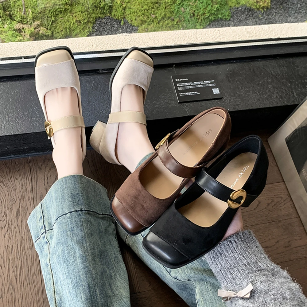 

2026 New Comfortable and casual Women's Velvet New Plaza Toe University Style Casual Pump Fashion Light Clasp Shoes High Heels