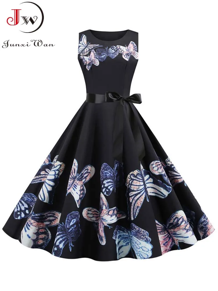 Black Butterfly Print Women Summer Midi Dress Sleeveless Vintage Retro Pin Up Party Robe Rockabilly Sundress