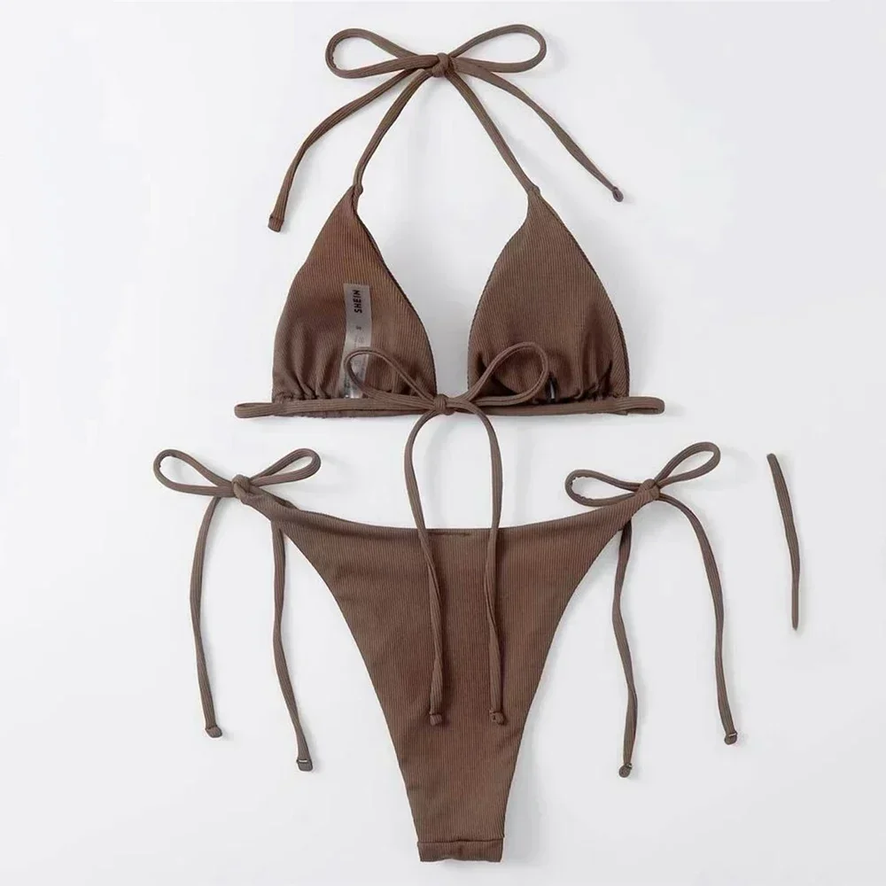 Brown Ribbed Swimwear String Halter Triangle Micro Bikini Thong Sexy Swimsuits Women Lace-up Bathing Suit Biquinis Bikinis Sets