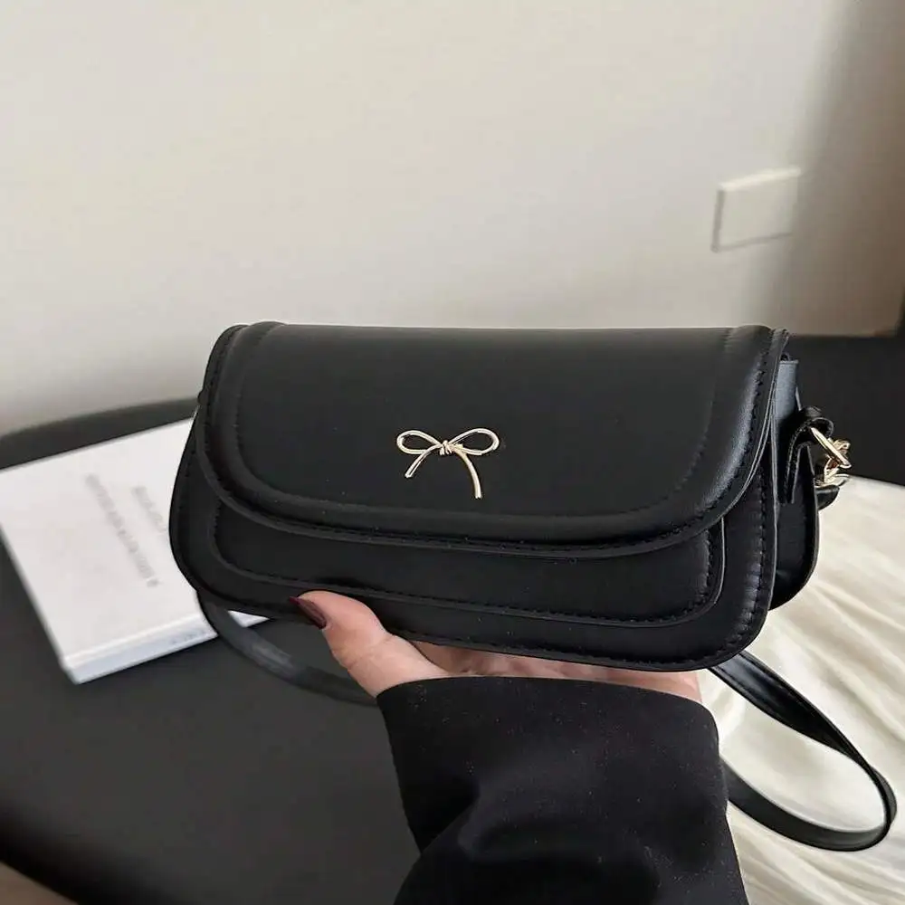 

Mini Solid Color Flip Saddle Bag - Bow Hardware Decoration Versatile For Daily Commute & Dates