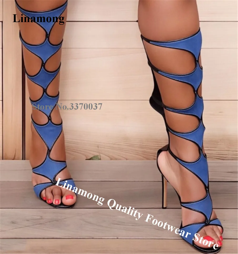 

Linamong Blue-black Strappy Buckles Cross Stiletto Heel Knee High Boots Open Toe Back Zipper-up Thin Heel Sandal Boots