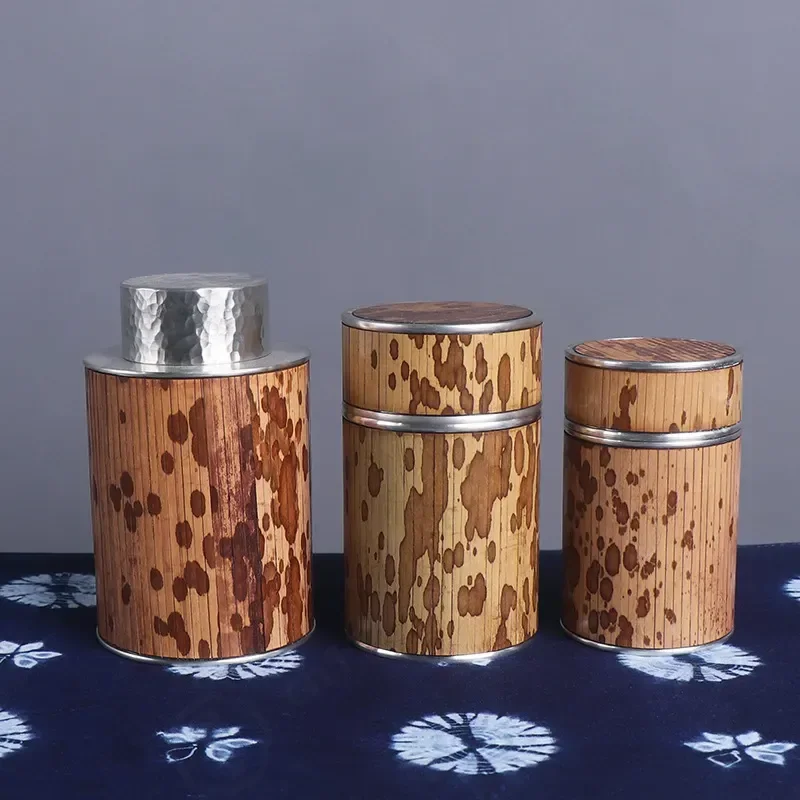 Retro Pure Tin Pu'er Tea Canister with Portable Bamboo Tube Bag Sealed Storage Container for Loose Leaf Tea Preservation