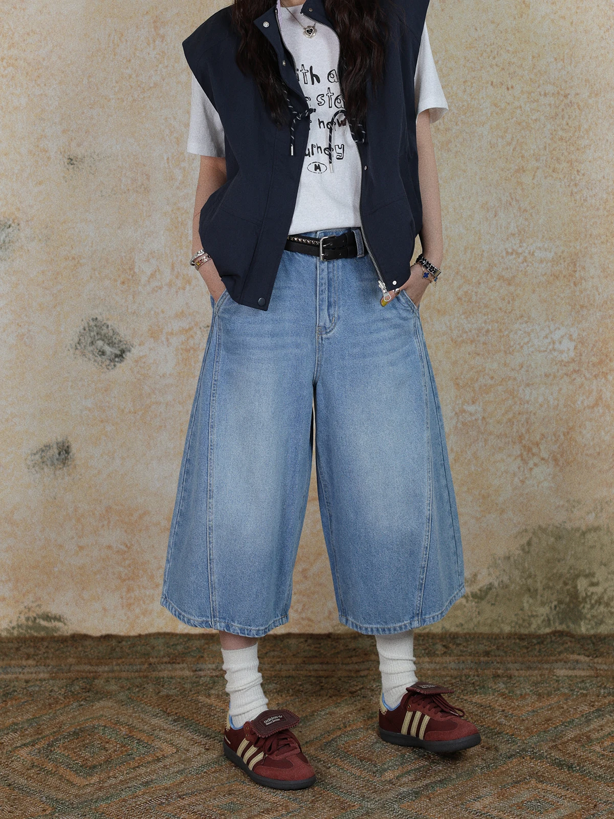 

DR Retro Washed Light Blue Wide Leg Seven-Foot Jeans Women's Summer Versatile High Waist Cotton Denim Pants Asymmetrical Design