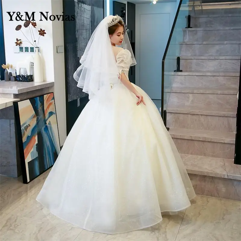 Y & m novias brilhante glitter vestidos de casamento do vintage manga curta miçangas princesa vestido de noiva clássico vestidos de baile plus size musselina